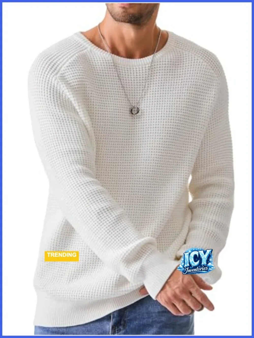 Waffle Textured Crewneck Pullover Sweater Loose Fit Knitted Sweater